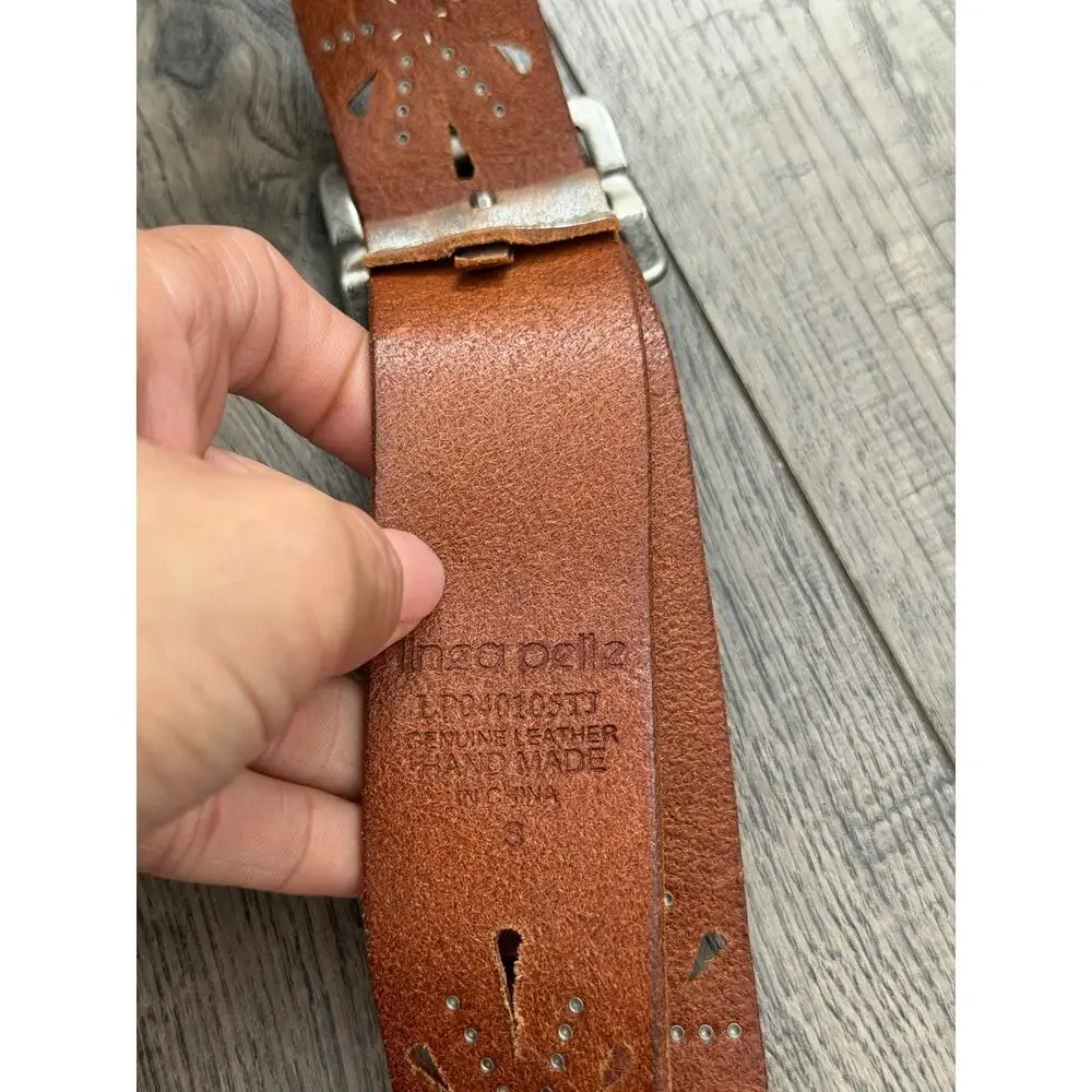 Linea Pelle Belt Silver Leather Studded Handmade One Tongue Buckle Wide Strap